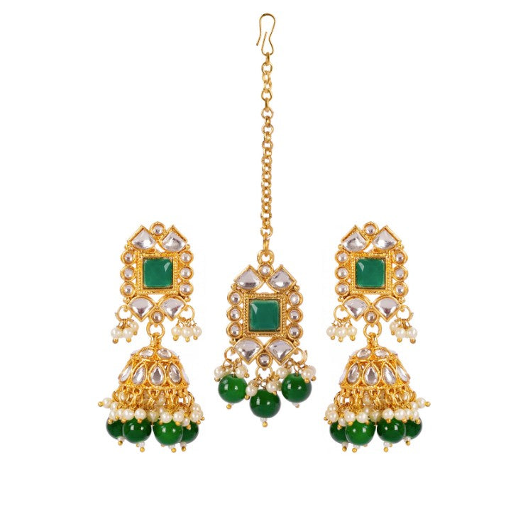 Gold-Plated Green Kundan Studded & Pearl Beaded Necklace & Earrings Choker Set with Mangtikka-NL-JS25-40559