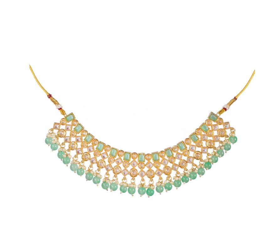 Gold-Plated Mint Green Kundan-Studded & Pearl Beaded Necklace & Earrings Choker Set with Mangtikka-NL-JS25-40554