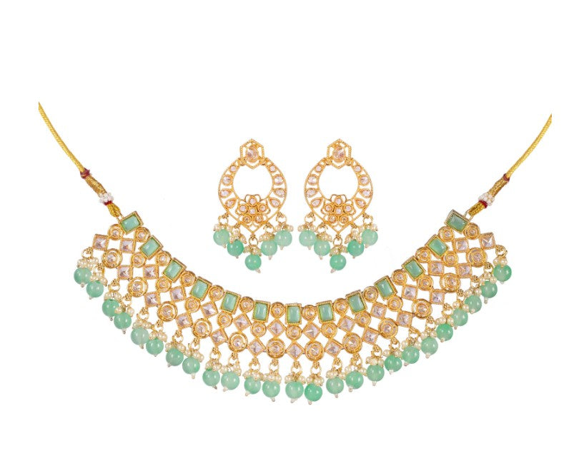 Gold-Plated Mint Green Kundan-Studded & Pearl Beaded Necklace & Earrings Choker Set with Mangtikka-NL-JS25-40554