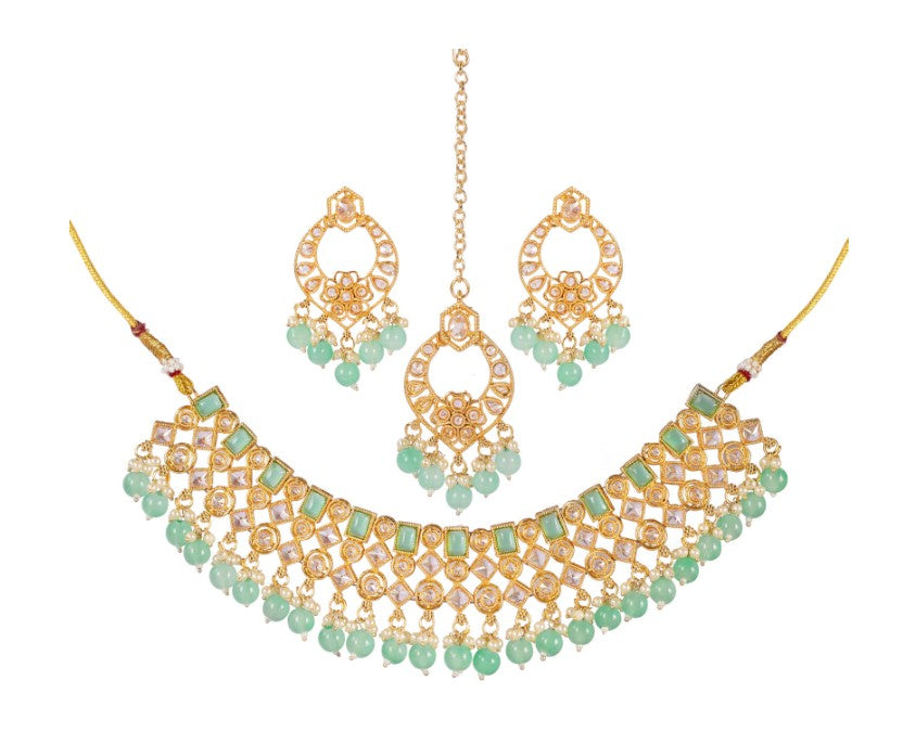 Gold-Plated Mint Green Kundan-Studded & Pearl Beaded Necklace & Earrings Choker Set with Mangtikka-NL-JS25-40554