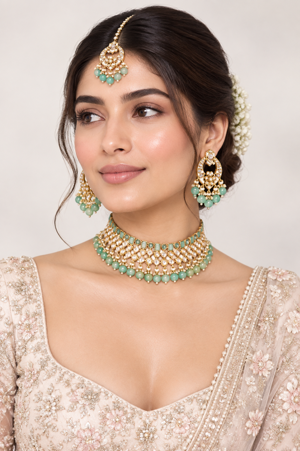 Gold-Plated Mint Green Kundan-Studded & Pearl Beaded Necklace & Earrings Choker Set with Mangtikka-NL-JS25-40554