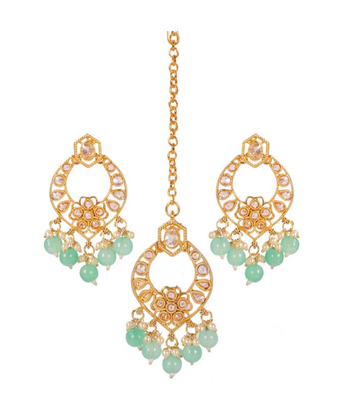 Gold-Plated Mint Green Kundan-Studded & Pearl Beaded Necklace & Earrings Choker Set with Mangtikka-NL-JS25-40554