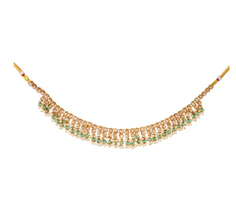 Gold-Plated Mint Green Kundan-Studded & Pearl Beaded Necklace & Earrings Choker Set with Mangtikka-NL-JS25-40555
