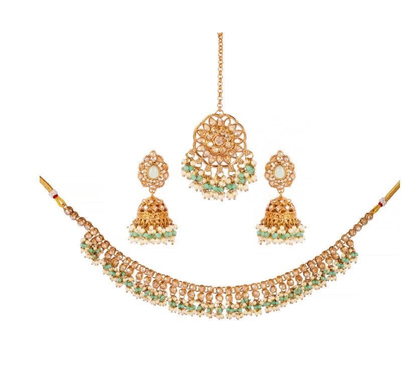 Gold-Plated Mint Green Kundan-Studded & Pearl Beaded Necklace & Earrings Choker Set with Mangtikka-NL-JS25-40555