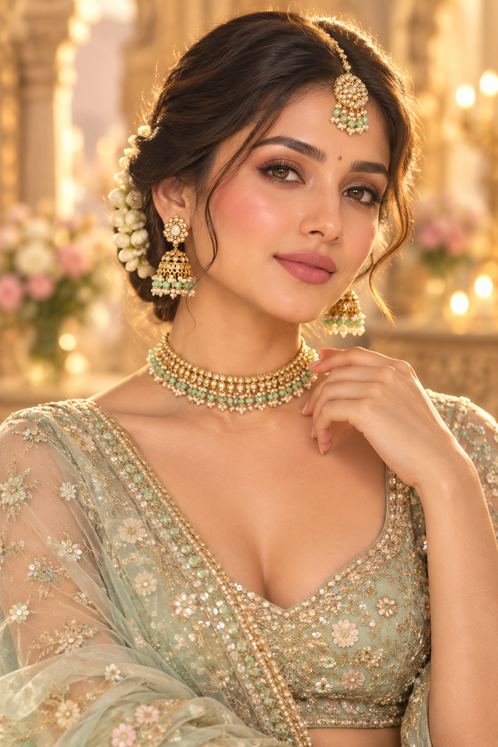 Gold-Plated Mint Green Kundan-Studded & Pearl Beaded Necklace & Earrings Choker Set with Mangtikka-NL-JS25-40555