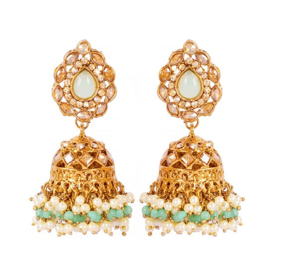 Gold-Plated Mint Green Kundan-Studded & Pearl Beaded Necklace & Earrings Choker Set with Mangtikka-NL-JS25-40555