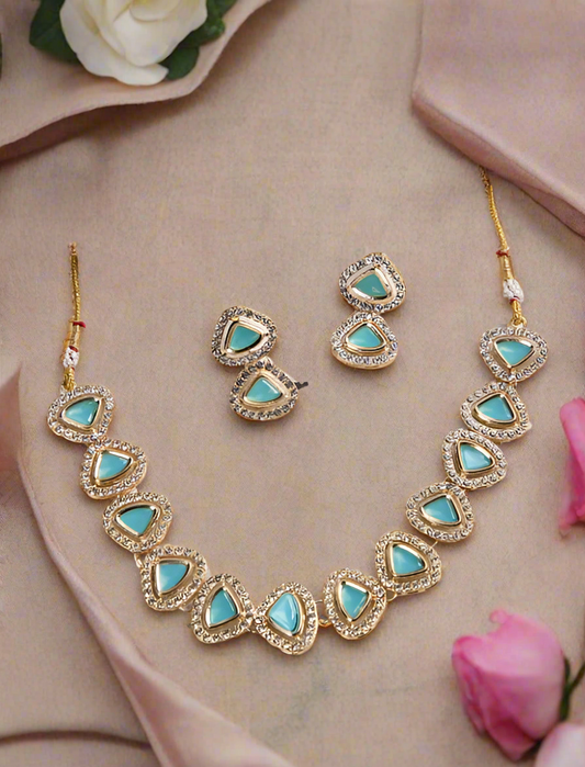 Jazz And Sizzle Gold-Plated Turquoise Blue Polki-Studded Jewelry Set