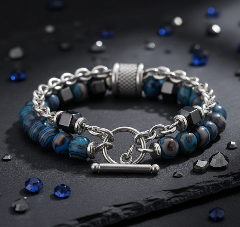 Men’s Stainless Steel Beaded Bracelet | Blue Stone Beads with Chain Design | Anti-Tarnish |
