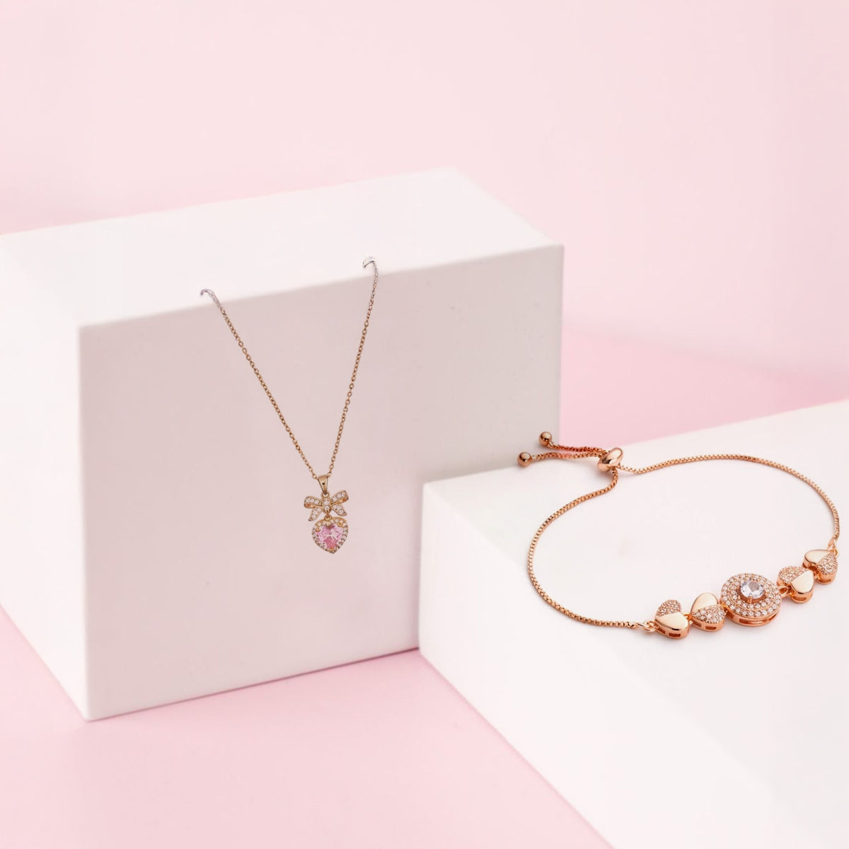 Jazz & Sizzle Rose Gold Bow Heart Pendant Necklace with Pink Crystal