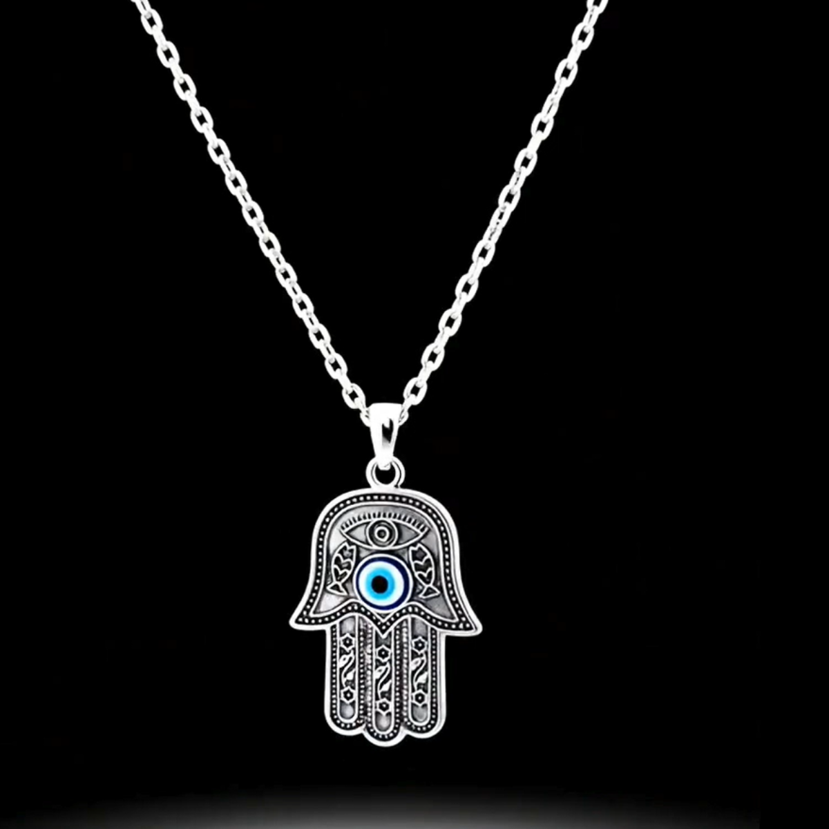 Jazz And Sizzle Silver Plated Hamza Evil Eye Pendant Chain Necklace for Him & Her