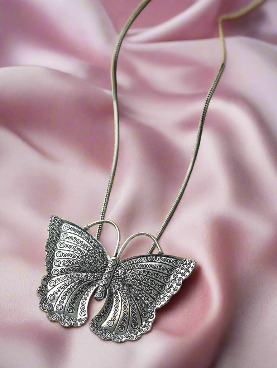 Oxidised Silver-Plated Butterfly Shaped Pendant With Chain