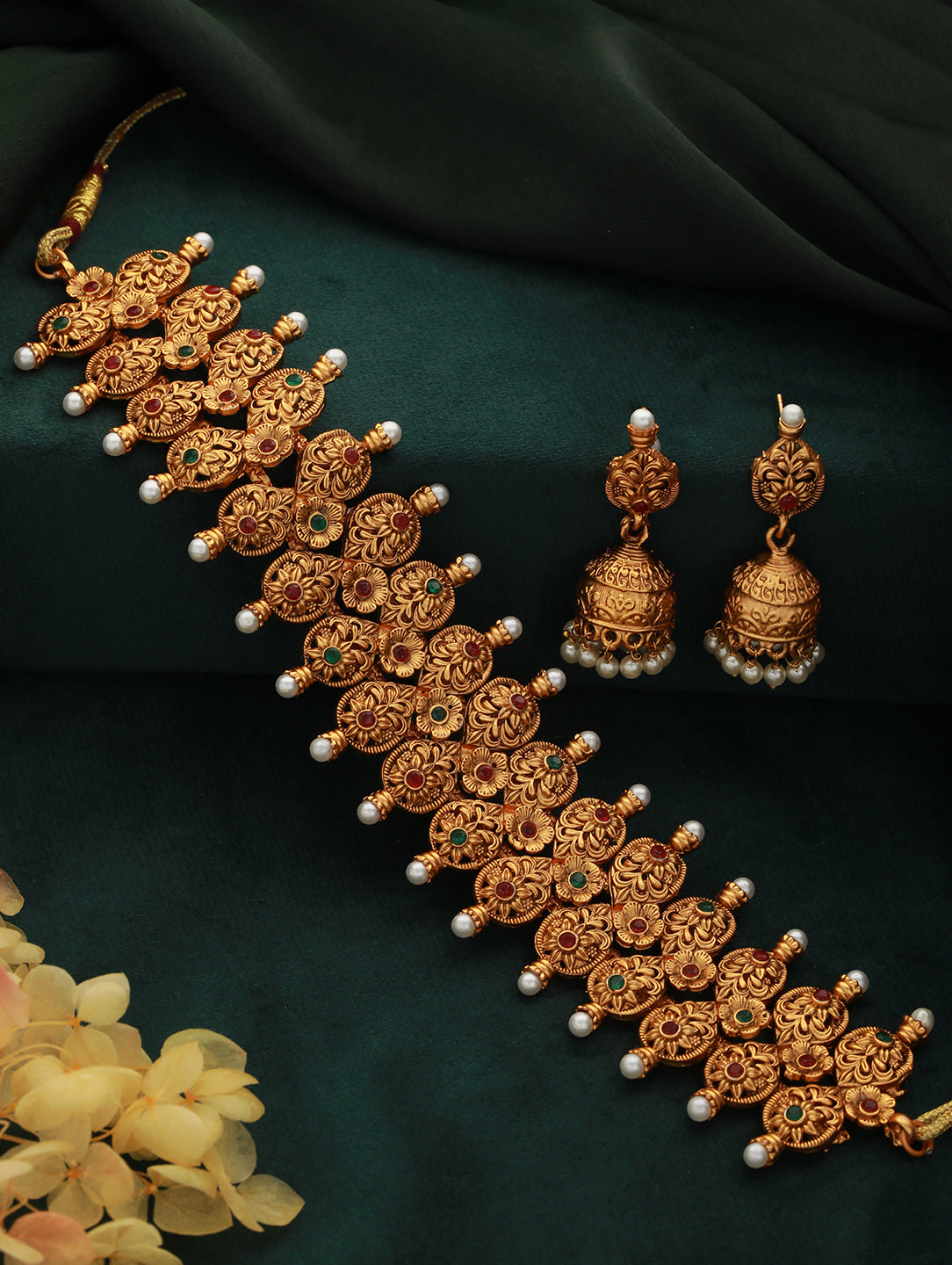 24KT Gold-Plated Stone-Studded & Beaded Temple Necklace & Earrings - Jazzandsizzle