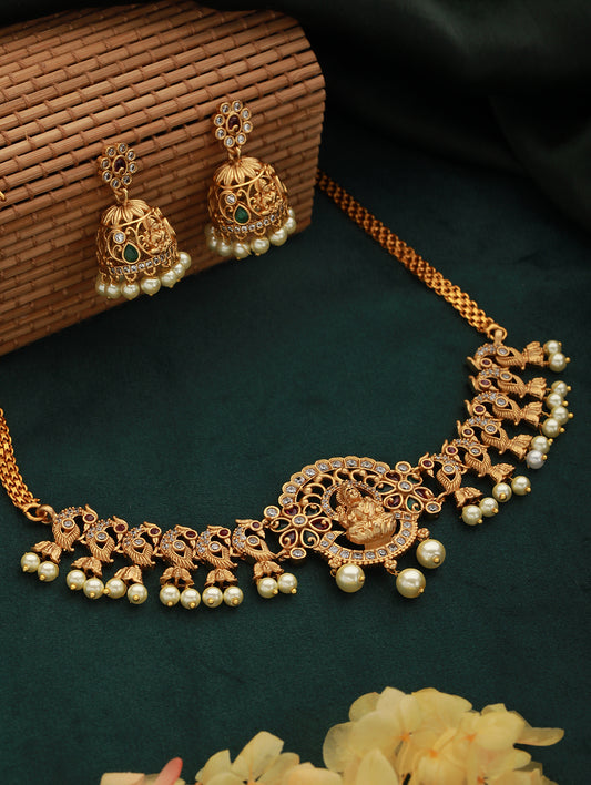 24K Gold-Plated AD Studded & Beaded Temple Jewellery Set - Jazzandsizzle