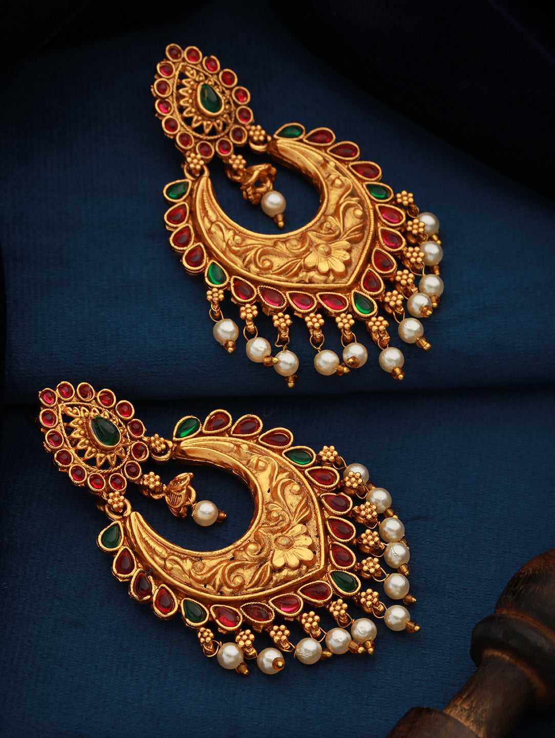 Jazz And Sizzle Gold-Plated Green &amp; Pink Stone studded &amp; pearls Drop Crescent Shaped Chandbalis
