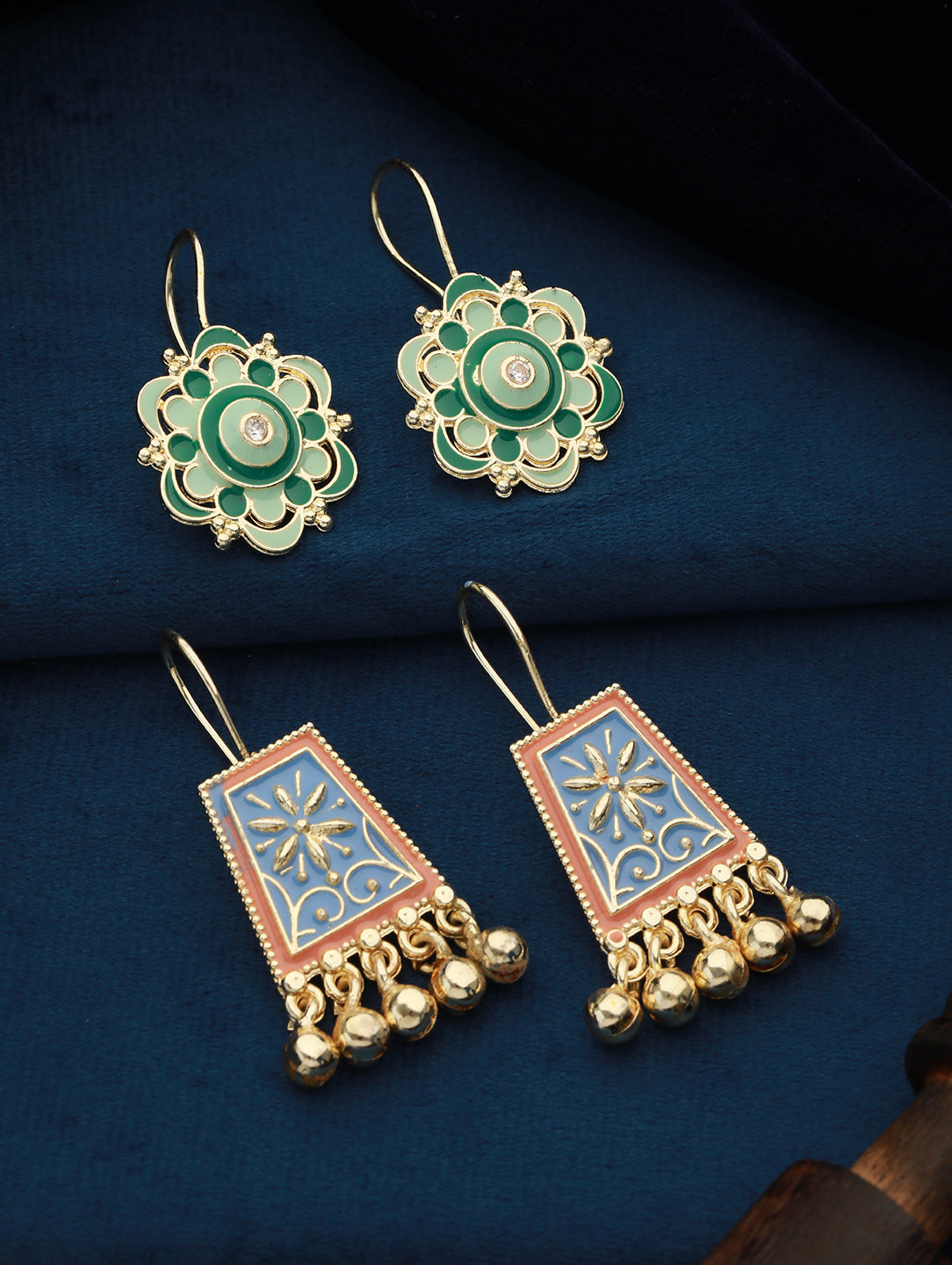 Set of 2 Blue & Green Contemporary Gold-Plated Drop Earrings