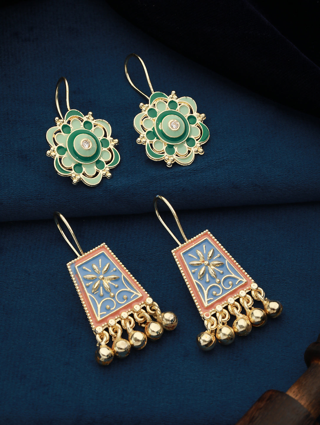 Set of 2 Blue & Green Contemporary Gold-Plated Drop Earrings - Jazzandsizzle