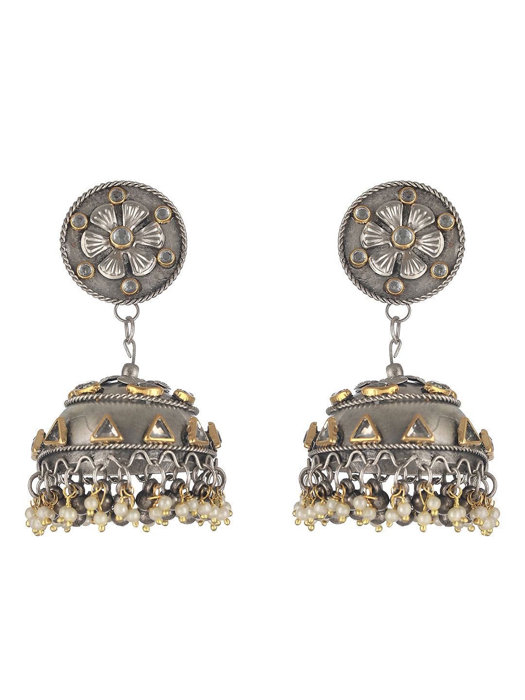 Silver-Plated Kundan-Studded Dome Shaped Jhumkas Earrings - Jazzandsizzle