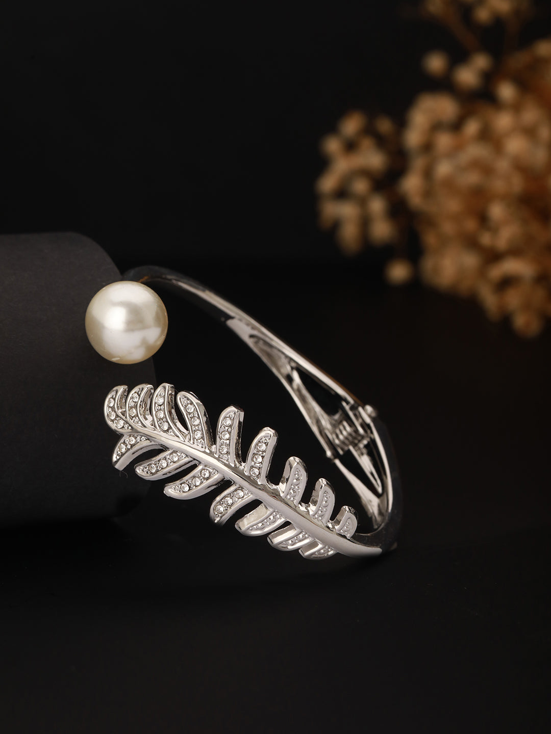 Women Silver-Toned & White Brass Pearls Silver-Plated Cuff Bracelet - Jazzandsizzle