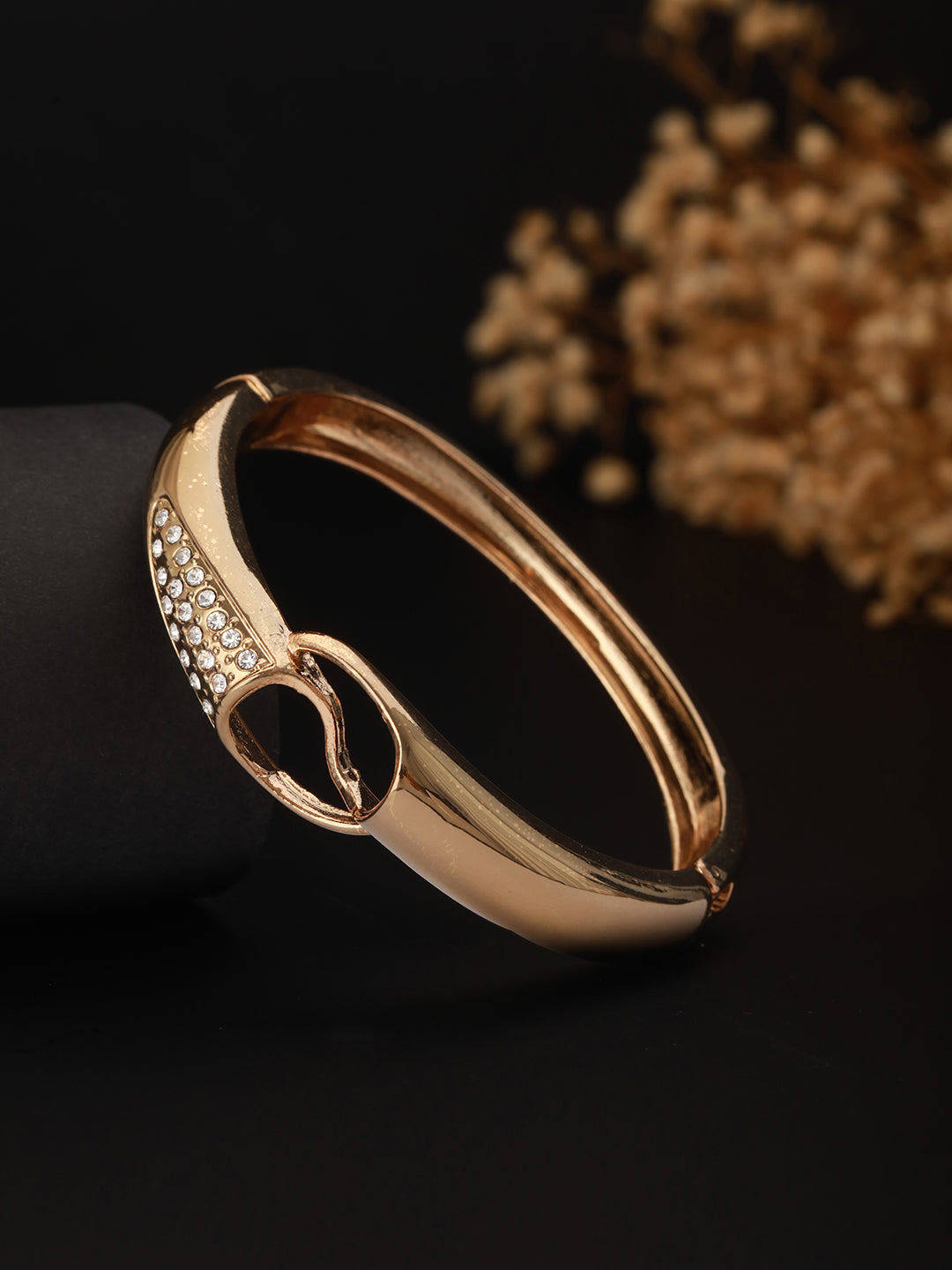 Women Gold-Toned & White Brass Cubic Zirconia Gold-Plated Bangle-Style Bracelet - Jazzandsizzle