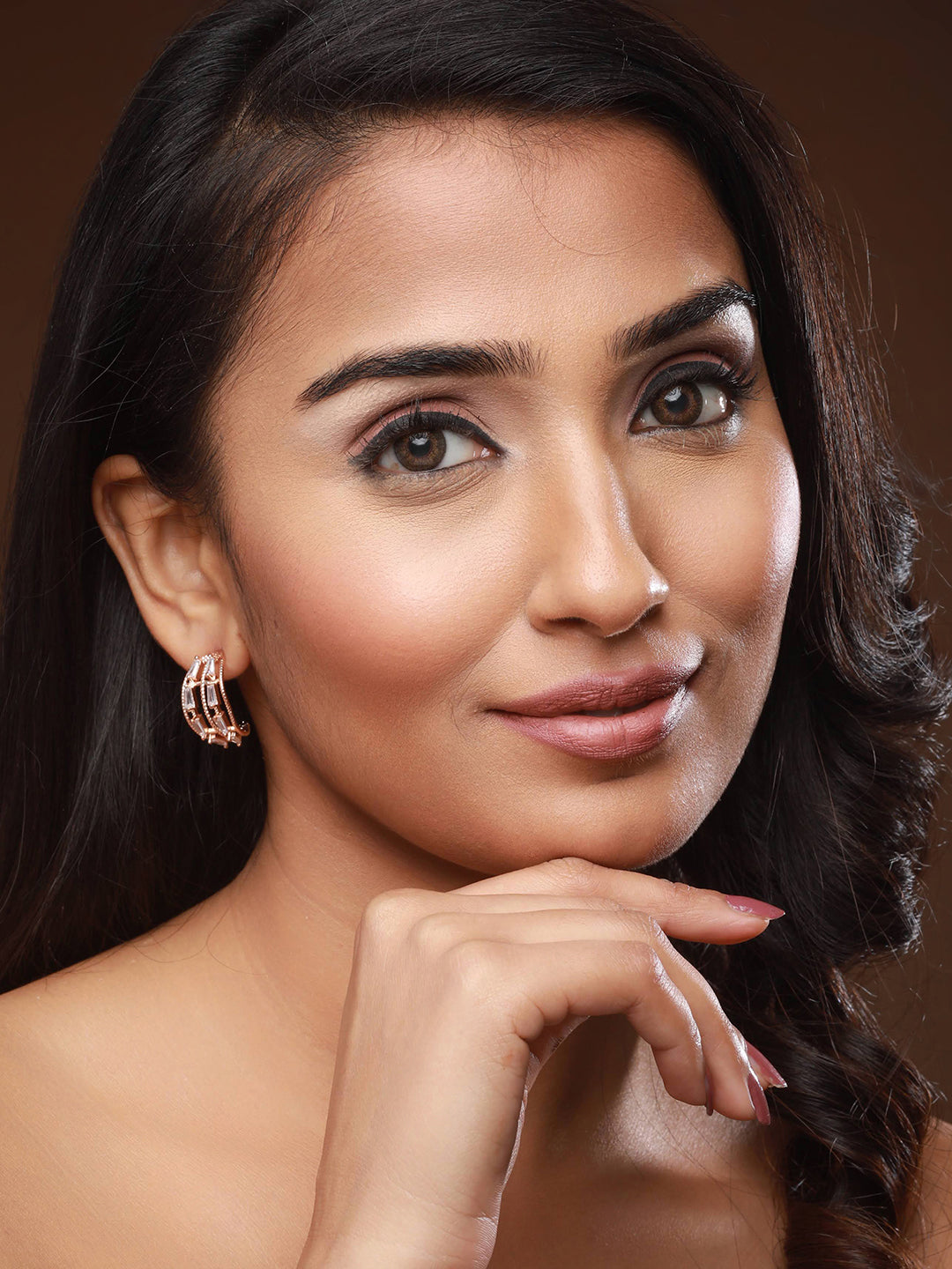 Rose Gold-Plated Cubic Zirconia Studded Half Hoop Earrings - Jazzandsizzle