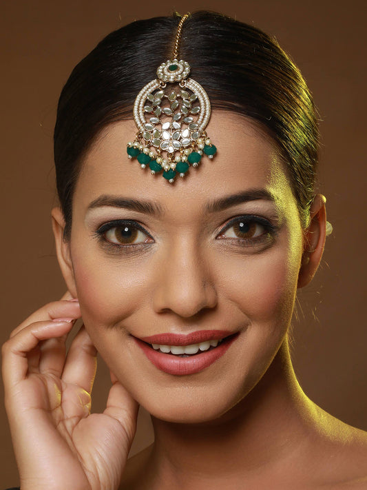 Gold-Plated & Kundan-Studded Green Maangtikka - Jazzandsizzle