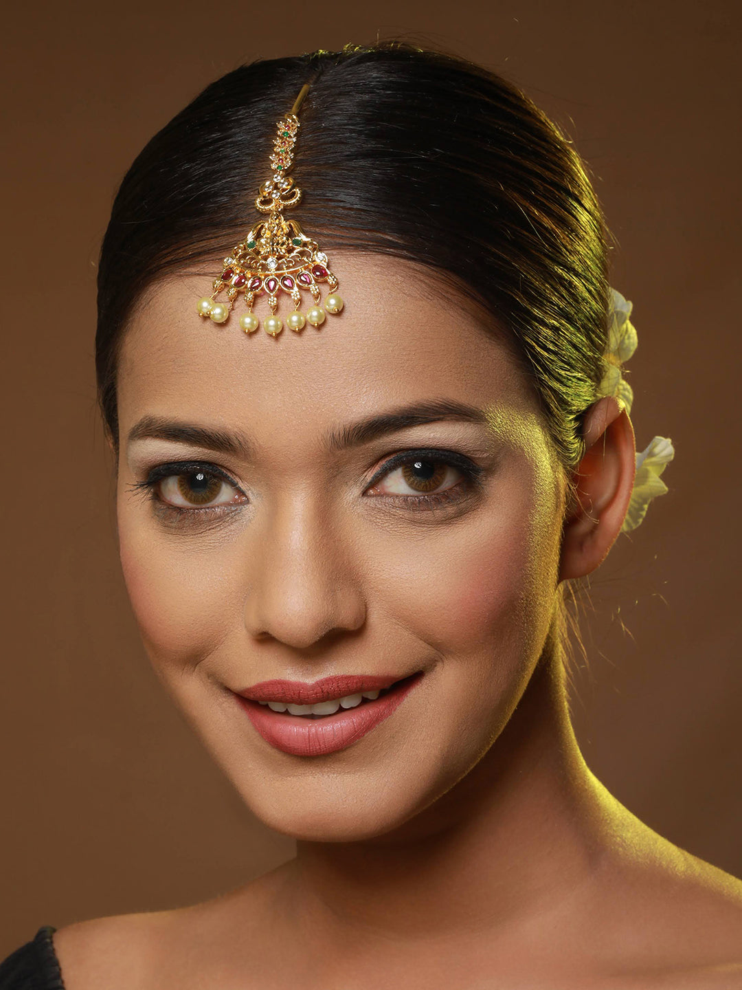 Gold-Plated Red & Green AD Studded & Pearl Laksmi Maang Tikka - Jazzandsizzle