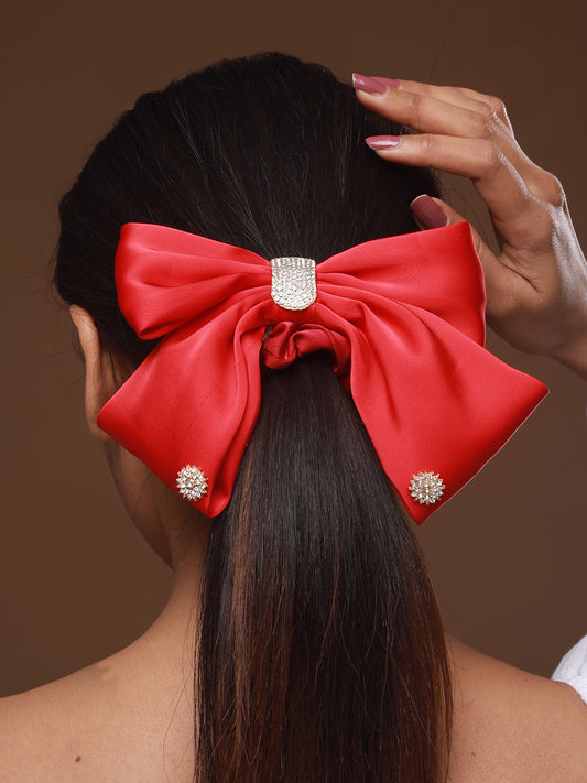 Women Red CZ Studded Embellished Ponytail Holder - Jazzandsizzle