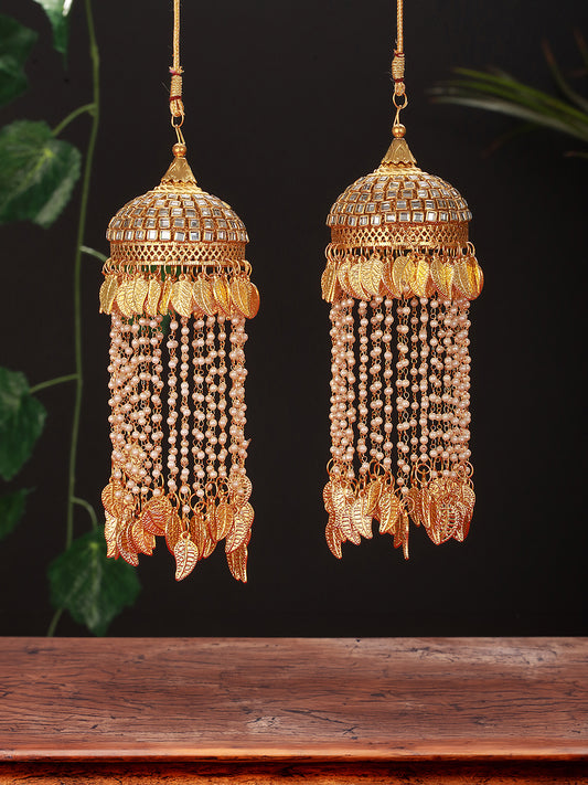 Set Of 2 Gold-Plated Stone Studded & Pearl Beaded Bridal Kaleera Secured with drawstring closure. - Jazzandsizzle