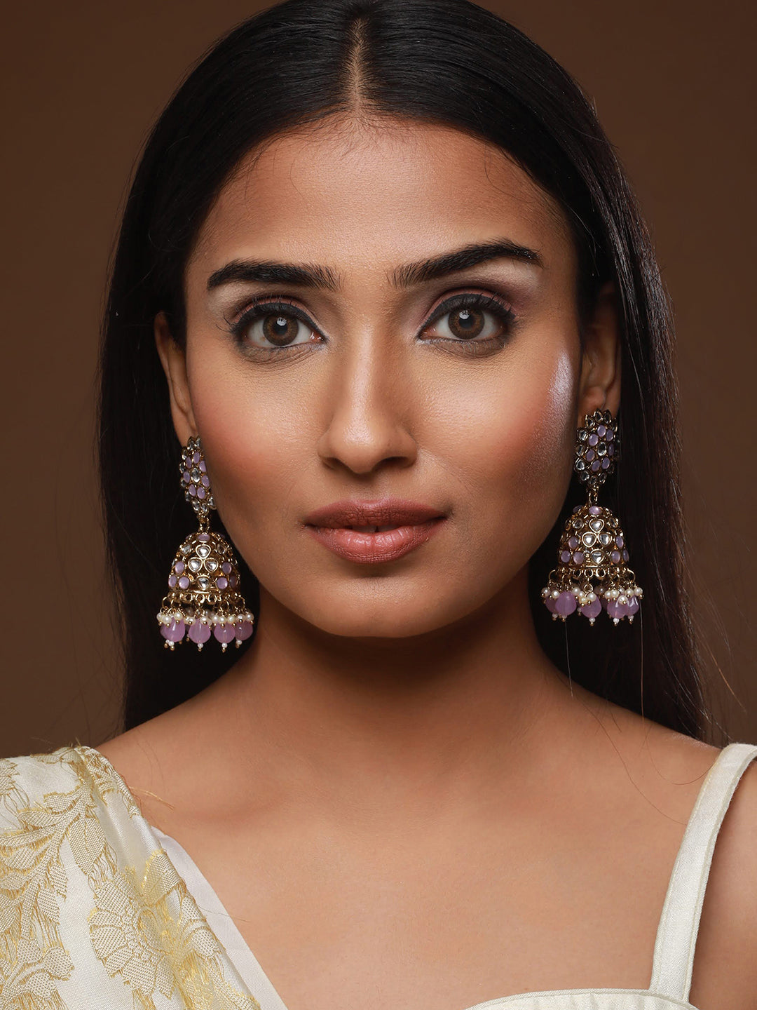 Gold Plated Purple Beaded & White Kundan Studed Jhumka Earrings - Jazzandsizzle