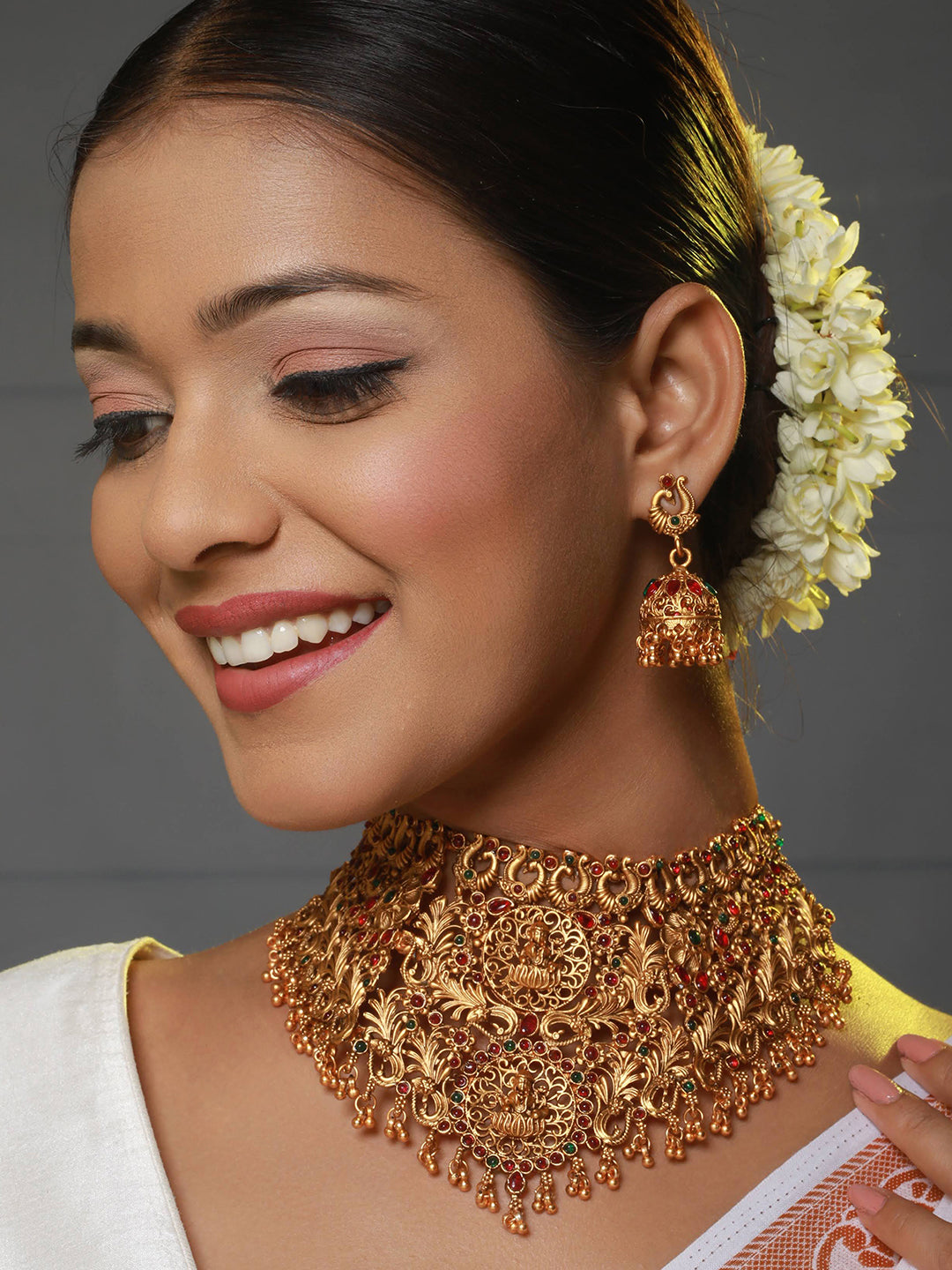 Jazz And Sizzle Gold-Plated Stone-Studded & Beaded Temple Necklace & Earrings - Jazzandsizzle