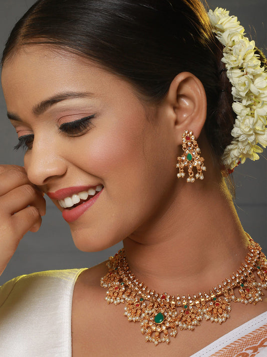 Gold-Plated Stone-Studded & Beaded Necklace & Earrings - Jazzandsizzle