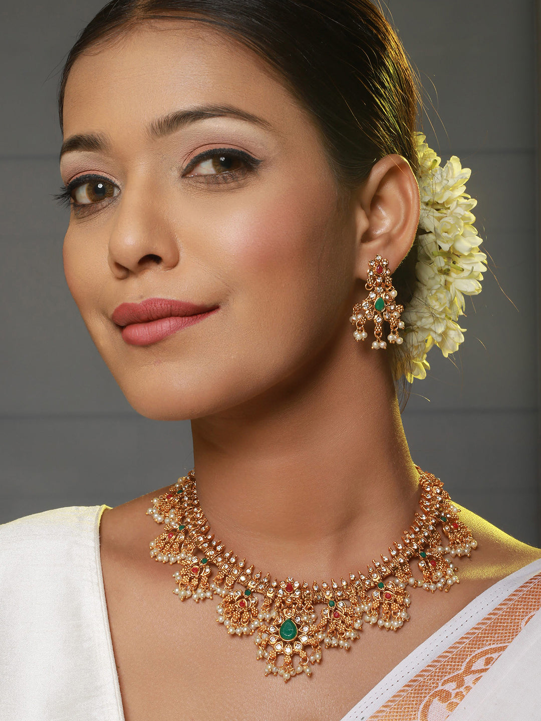 Gold-Plated Stone-Studded & Beaded Necklace & Earrings - Jazzandsizzle