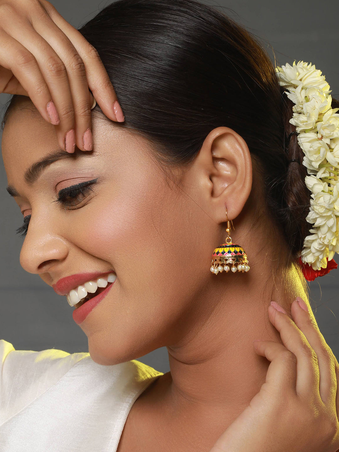 Set OF 2 Pink & Yellow Gold Plated Contemporary Meenakari Jhumkas Earrings - Jazzandsizzle