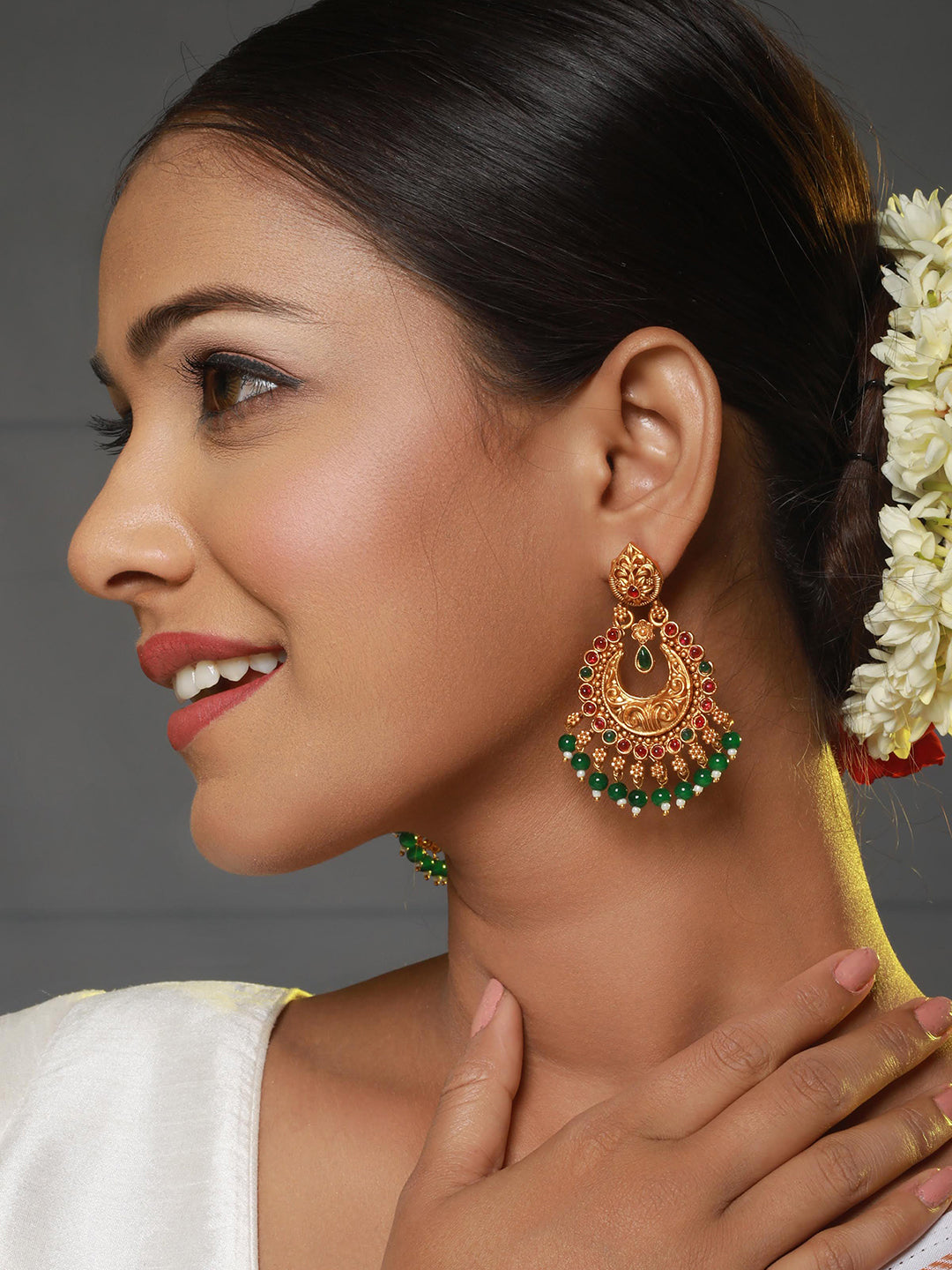 Jazz And Sizzle Green & Pink Gold-Plated Contemporary Shaped Chandbalis