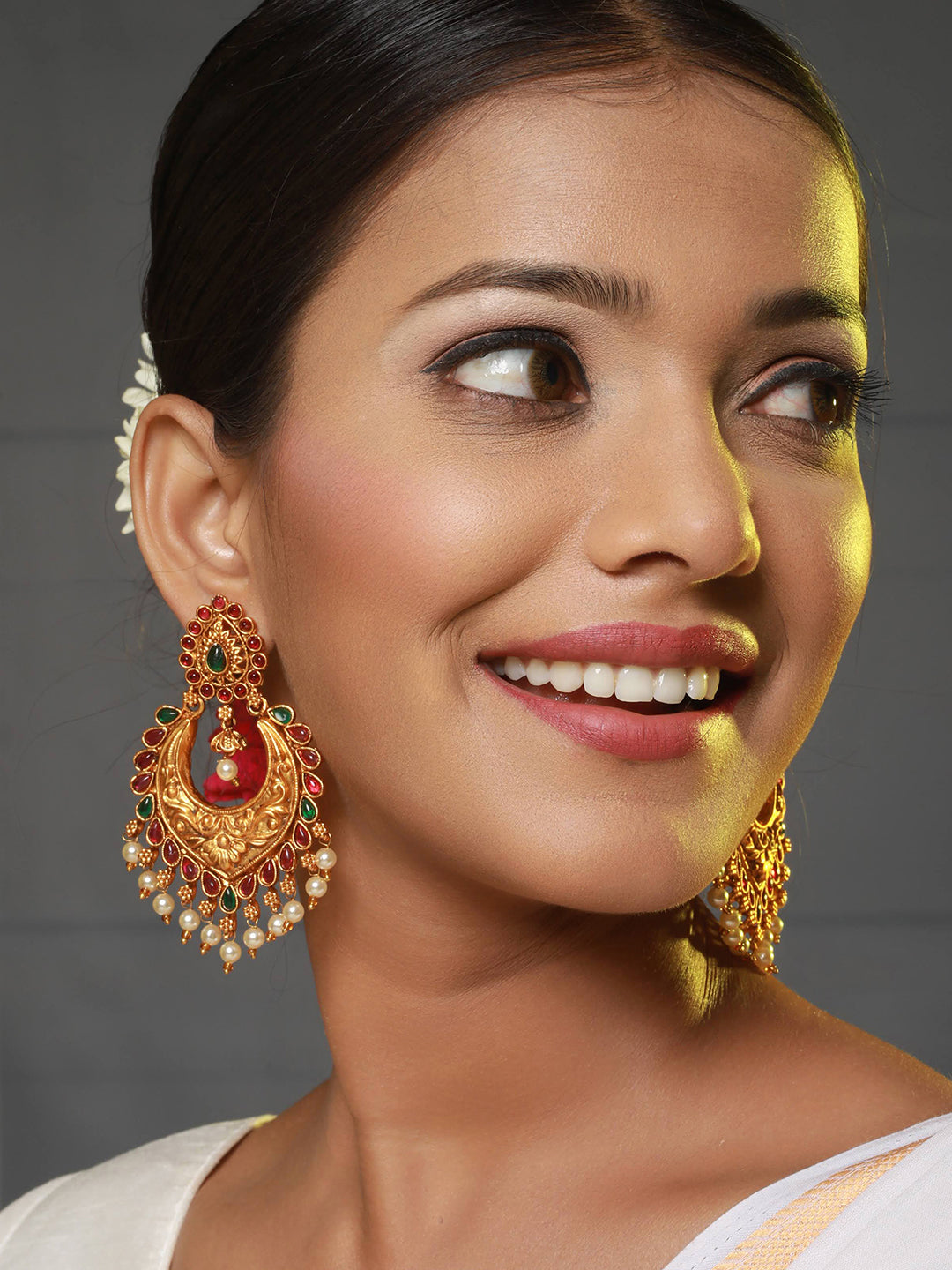 Jazz And Sizzle Gold-Plated Green &amp; Pink Stone studded &amp; pearls Drop Crescent Shaped Chandbalis