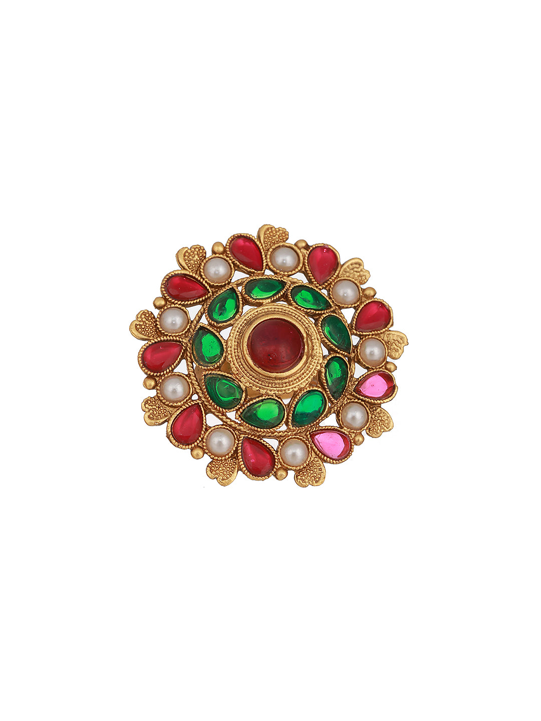 Gold Plated Stone Studded & Beaded Adjustable Finger Ring - Jazzandsizzle