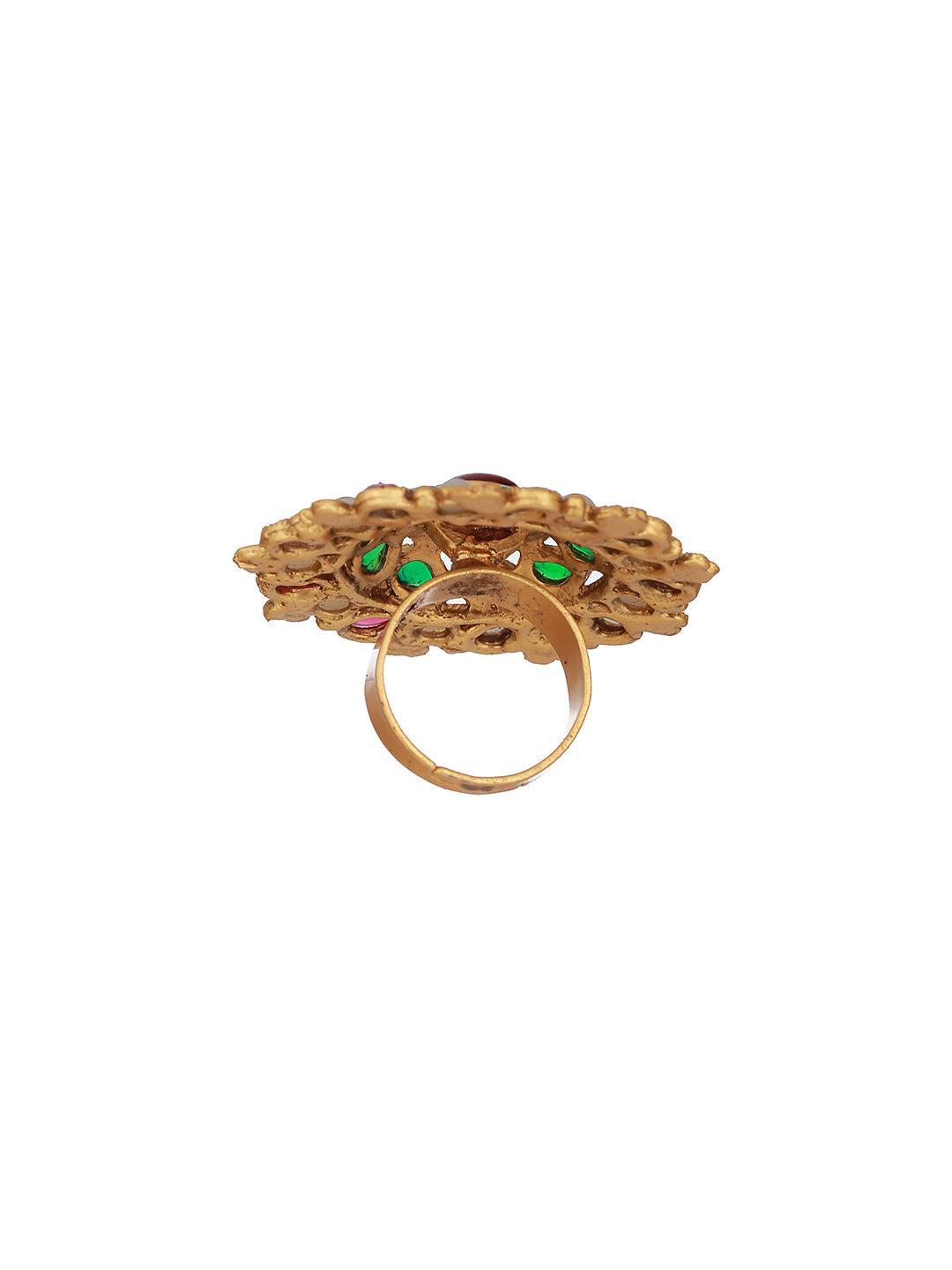 Gold Plated Stone Studded & Beaded Adjustable Finger Ring - Jazzandsizzle