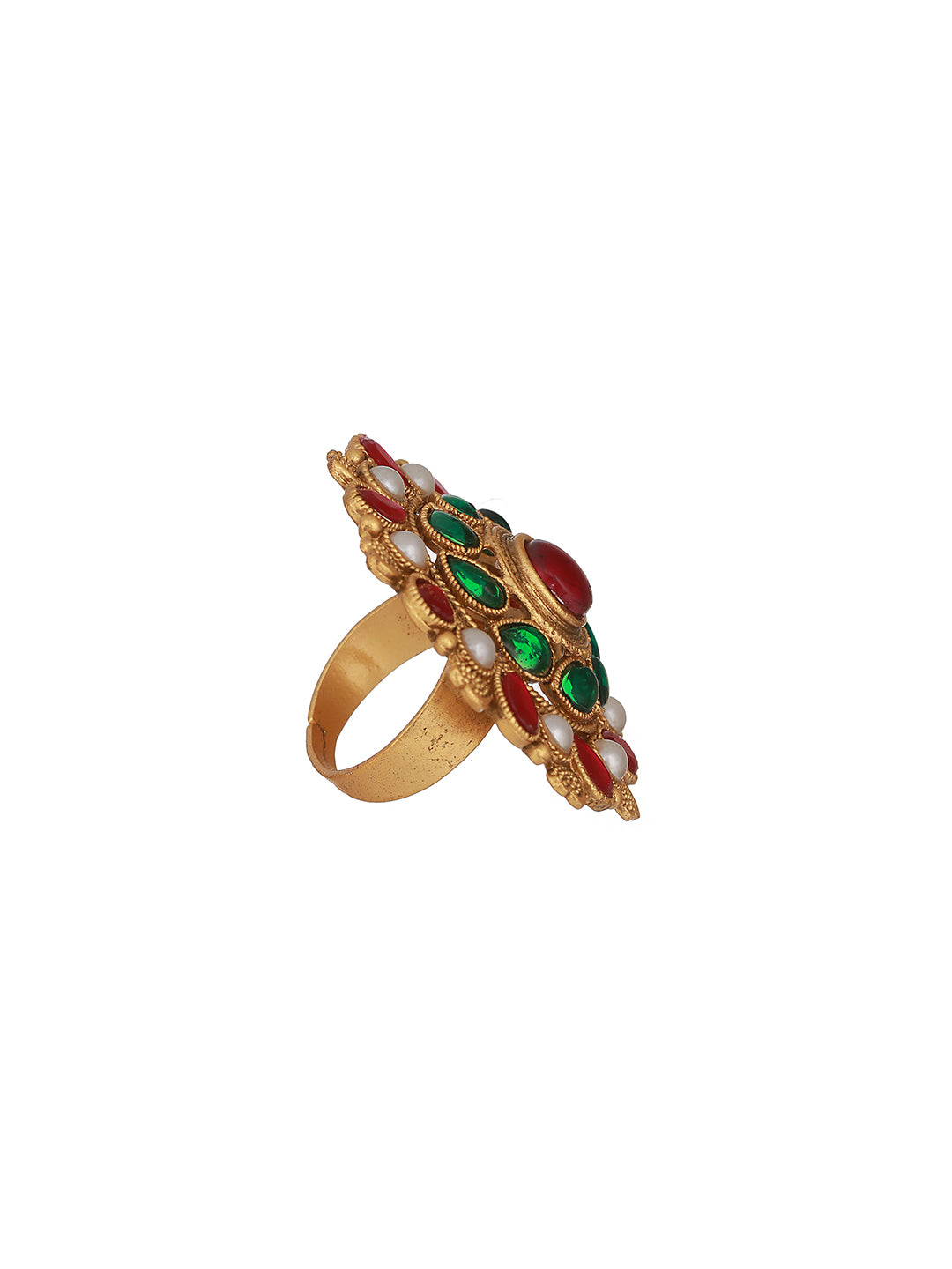 Gold Plated Stone Studded & Beaded Adjustable Finger Ring - Jazzandsizzle