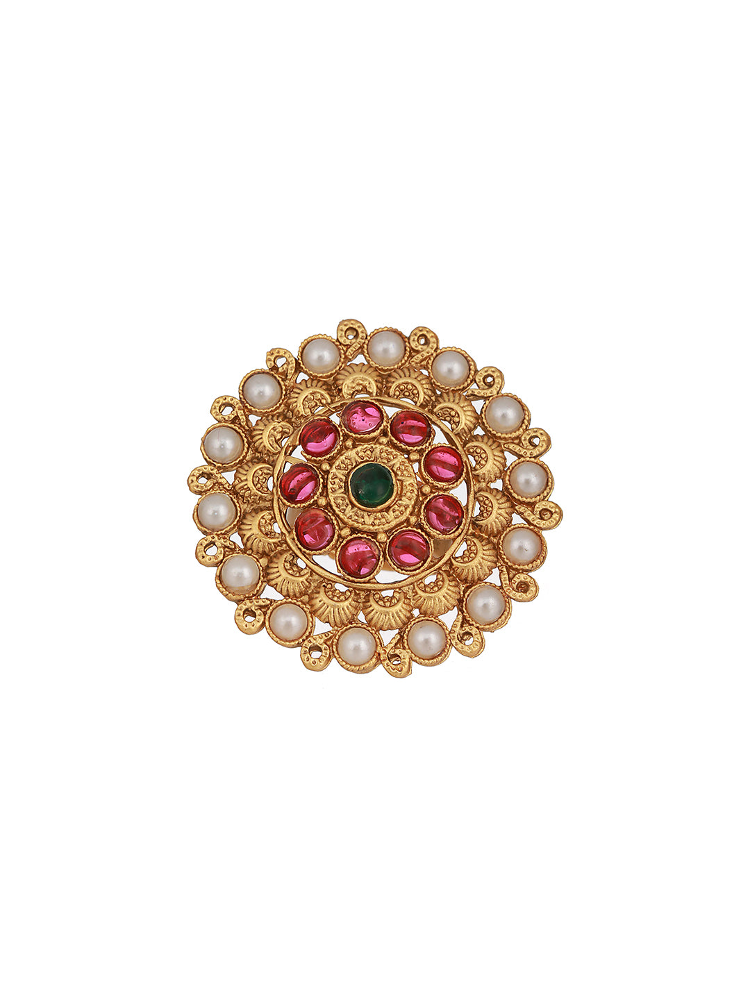 Gold Plated Stone Studded & Beaded Antique Adjustable Finger Ring - Jazzandsizzle