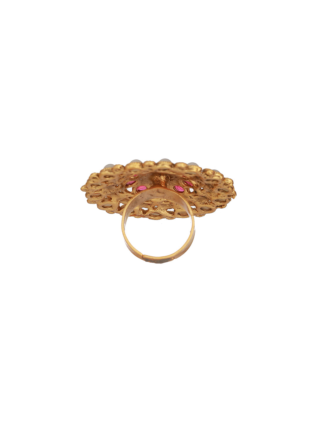 Gold Plated Stone Studded & Beaded Antique Adjustable Finger Ring - Jazzandsizzle