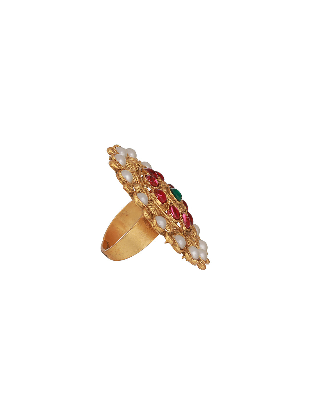 Gold Plated Stone Studded & Beaded Antique Adjustable Finger Ring - Jazzandsizzle