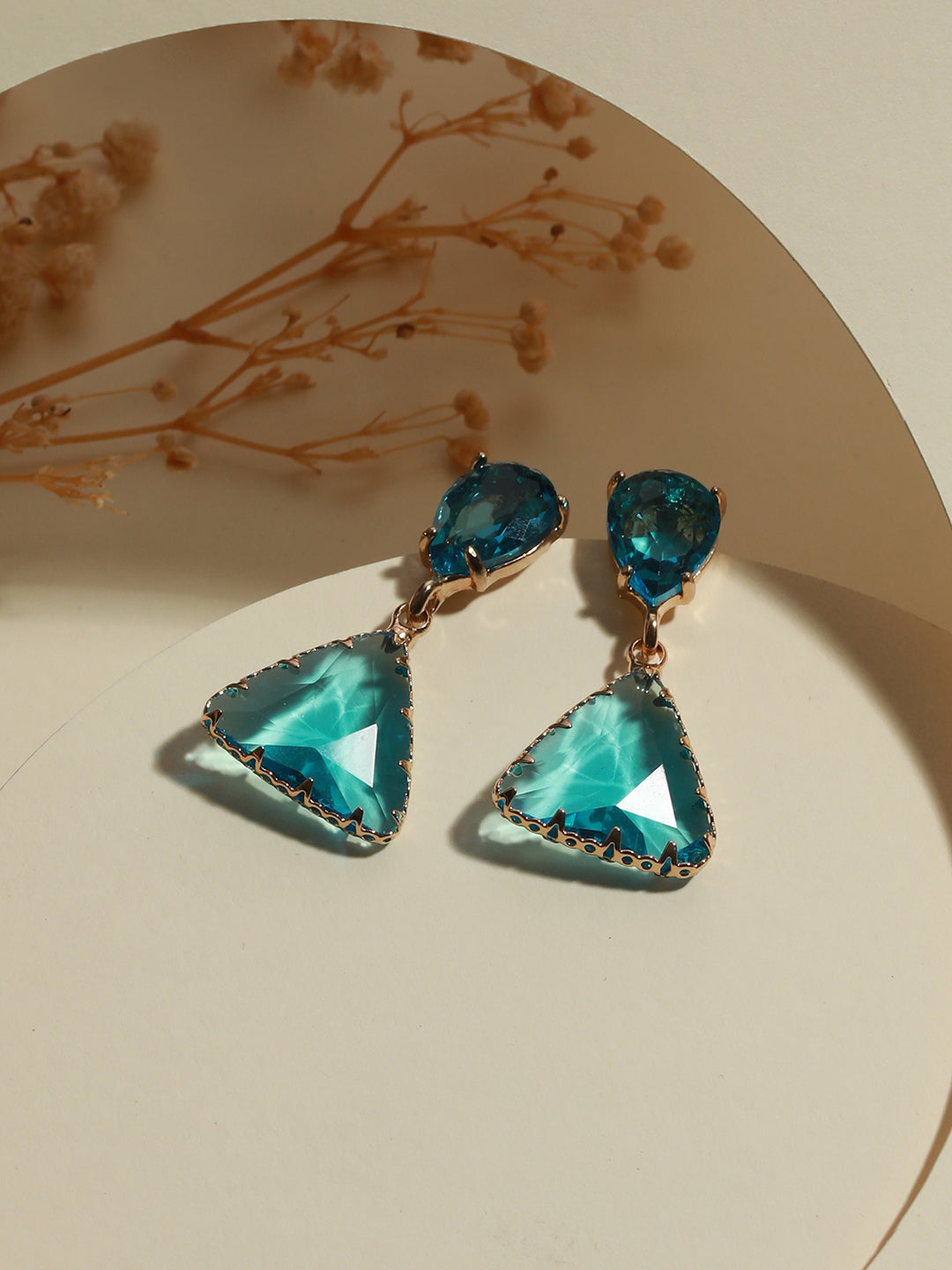 Jazz and Sizzle Gold-Plated Teal colored Transparent Stone Studded Contemporary Tear Drop Earrings - Jazzandsizzle