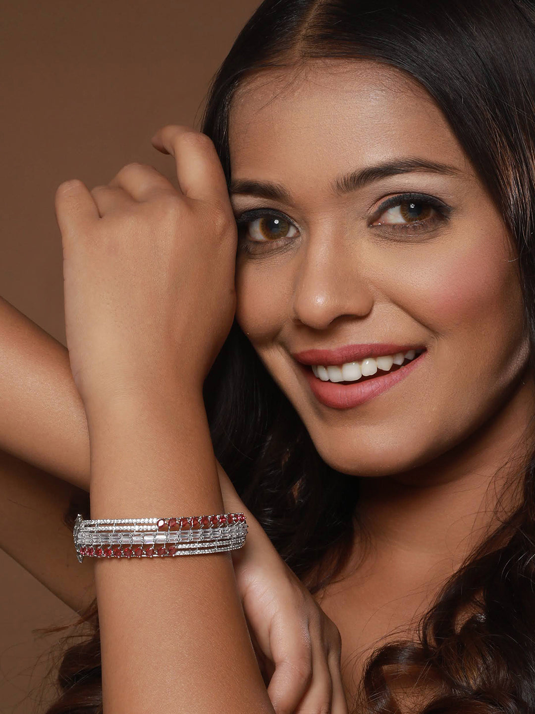 Red American Diamond Studded Rhodium-Plated Link Bracelet - Jazzandsizzle