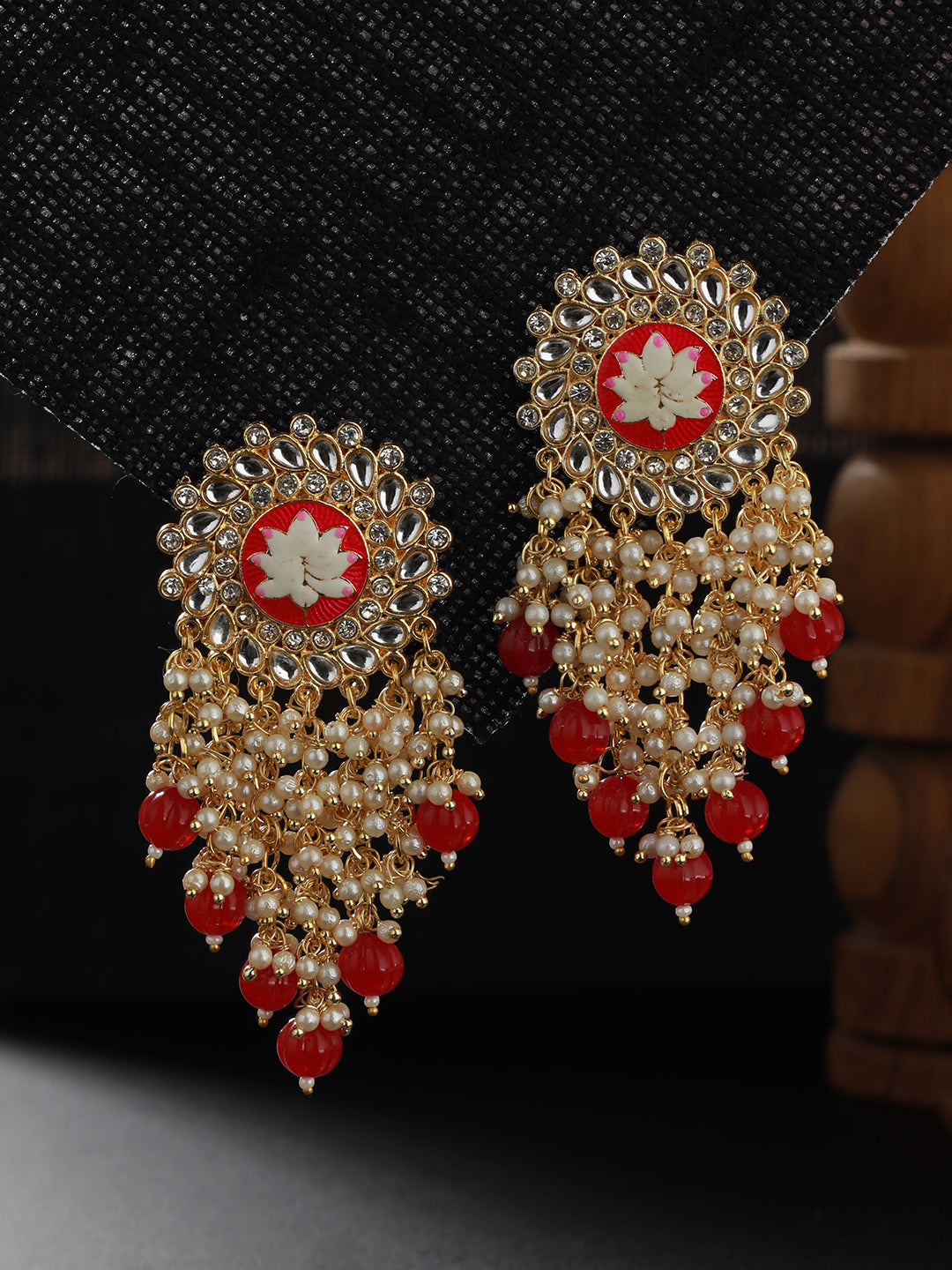 Maroon Gold Plated &CZ Studded & Beaded Meenakari Drop Earrings - Jazzandsizzle