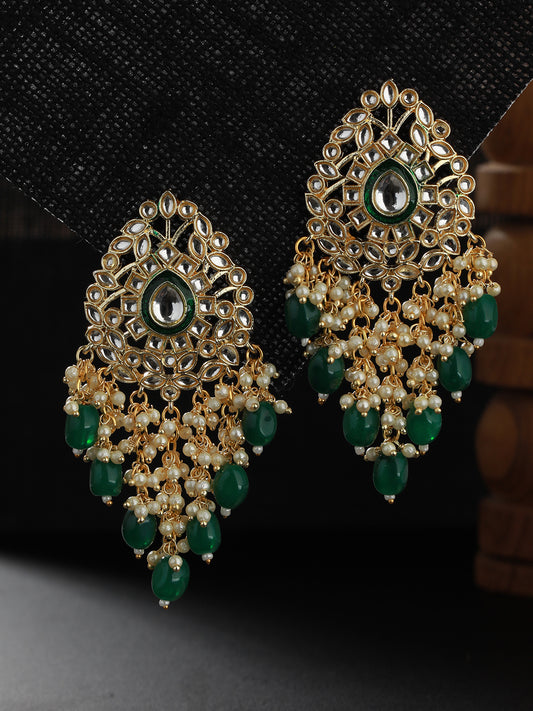 Green Gold Plated Kundan Studded & Beaded Meenakari Drop Earrings - Jazzandsizzle