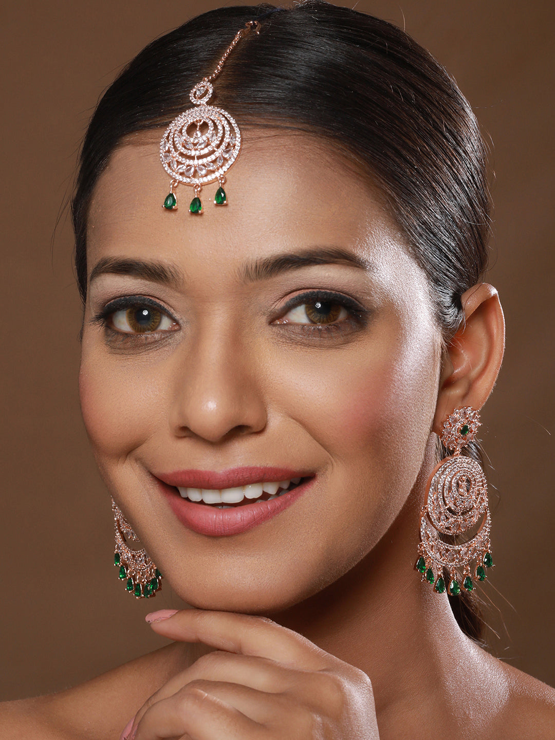 Rosegold-Plated Green American Diamond Studded Maang Tikka And Earrings Set - Jazzandsizzle