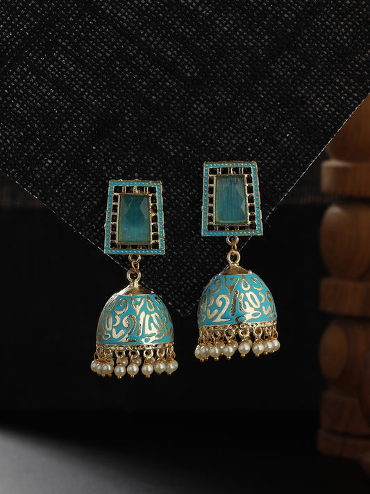 Turquise Blue Gold Plated Stone Studded & Beaded Handcrafted Enamelled Jhumkas - Jazzandsizzle