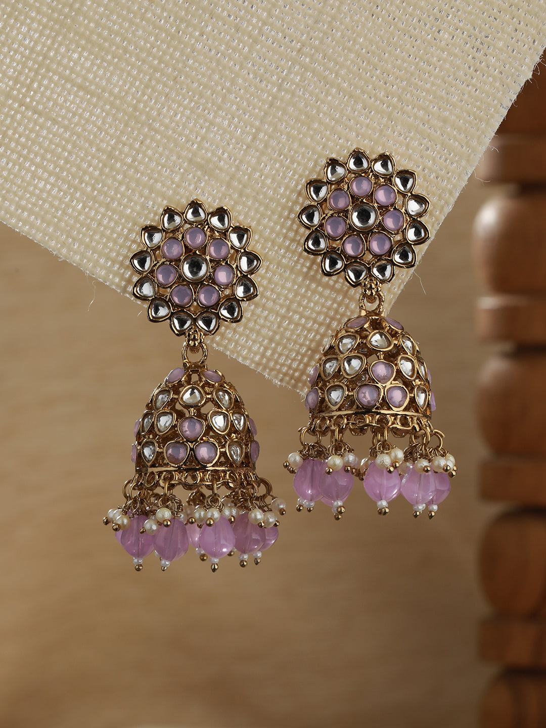 Gold Plated Purple Beaded & White Kundan Studed Jhumka Earrings