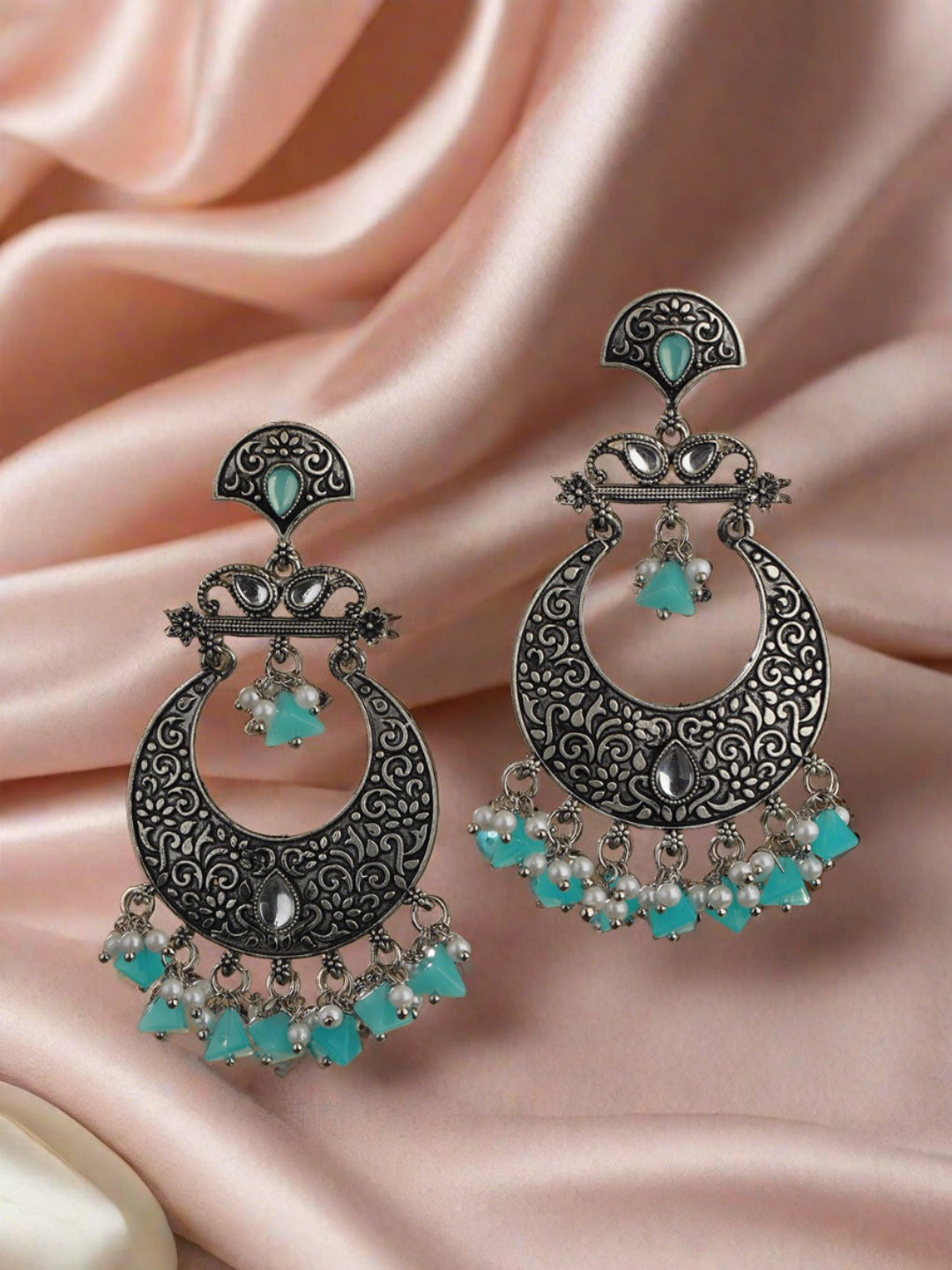 Oxidised Silver-Toned & Blue Stone Studded Chandbali Earrings - Jazzandsizzle