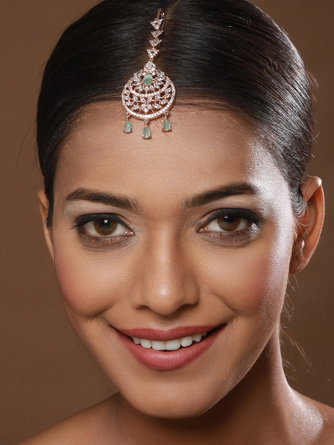 Rose Gold-Plated Green & White AD-Studded Handcrafted Maang Tikka - Jazzandsizzle